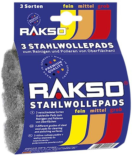 RAKSO Lana d'acciaio, lucidatura fai da te e tamponi abrasivi, fini, medi, grossolani, 3 tamponi, spugne abrasive per legno, vernice, metallo, pulizia e lucidatura