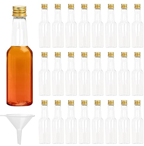 24 Stk Mini Fläschchen, 100ml Fläschchen Plastik, Leere Kleine Schnapsflaschen mit Trichter, Miniaturflaschen mit Deckel, Alkoholflaschen Saucenflaschen für Hochzeiten Partys (Gold Deckel)