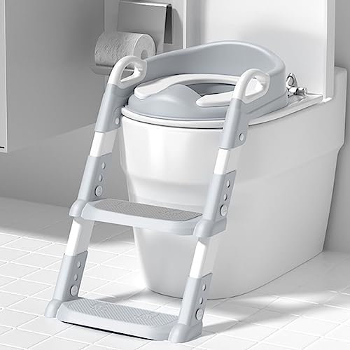 WENNEWU Kindertoilettensitz Mit Treppen Toilettentraining Faltbar Und Tragbarer Schritthocker Für Kinder,Grau,PU Cushion*1