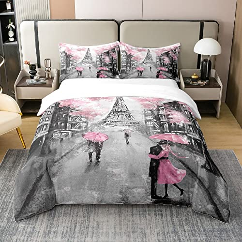 Copripiumino Parigi, set da letto 200 x 200 in 100% cotone, set di biancheria da letto torre Eiffel rosa e grigio, per ragazze, copripiumino fiore di ciliegio acquerello, copriletto romantico retrò