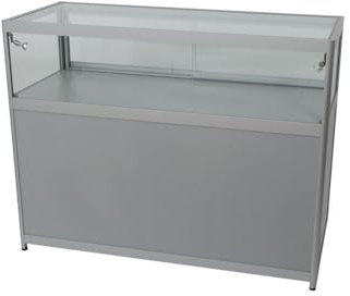 Eigentlich Glas Thekenvitrine mit LED-Beleuchtung und Unterschrank B120xH94xT50cm, Verkaufsvitrine Aluminium grau, Ladentheke 3 Ebenen,