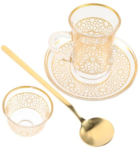 KICHOUSE Tazze Caffè in Vetro Decorato Con Piattino e Cucchiaio Bicchieri Vintage Per Espresso Cappuccino e Tè Per Casa e Ufficio