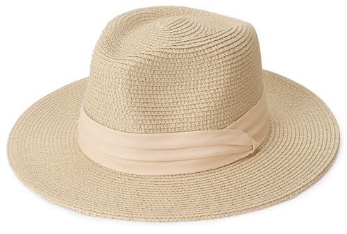DRESHOW Women Straw Panama Hat Fedora Beach Sun Hat Wide Brim Straw Roll up Hat UPF 50+