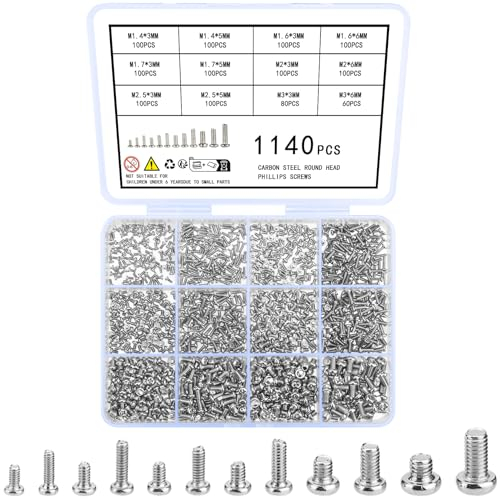 woshilaoDS 1140 Pcs Micro Repair Tiny Small Screws Set, Pan Head Round Head Mini Machine Screws Kit for Sunglasses Computer Electronic, M1.4 M1.6 M1.7 M2 M2.5 M3