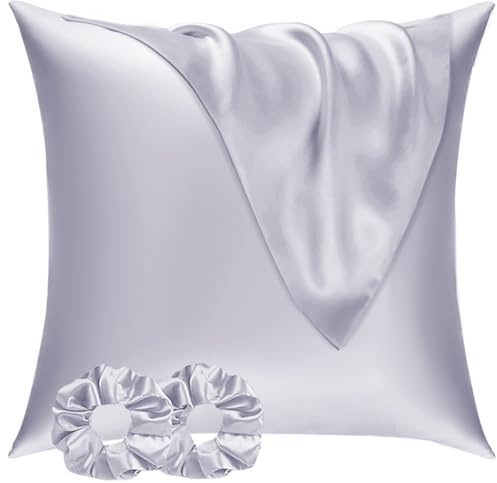Vielit Satin Kissenbezug 80x80 2er Set & 2 Haargummis, Satin Kopfkissenbezug 80x80 Lila, Weich wie Seidenkissenbezug 80x80,Bessere Pflege als Silk Pillosecase,Kissenbezug für Haar und Haut