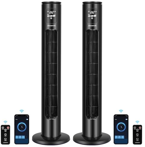 Aigostar Ventilador de Torre Inteligente con Mando a Distancia, 102 cm, WiFi+Bluetooth Pantalla LED, 3 Velocidades, 3 Modos, Temporizador 24 h, Oscilante, Control App, Alexa y Google Home, 2 Unidades