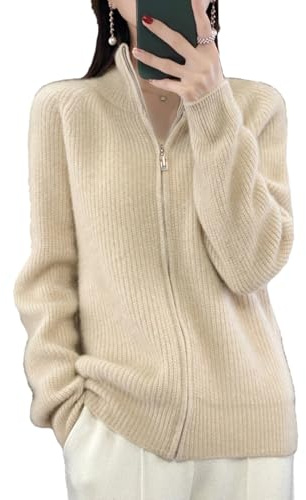 Giacca da donna in lana pura con cerniera, cardigan in cashmere con collo rialzato, lavorata a maglia, Beige, M