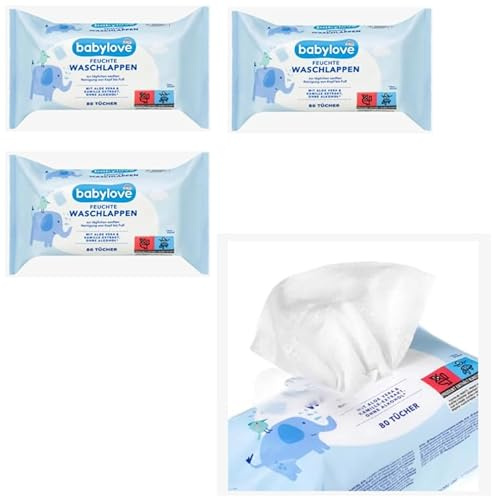 babylove Feuchte Waschlappen, 3x80 Stück Pack (mit Aloe Vera & Kamille Extrakt)