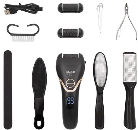 Bauer Professional 38729 Electric Foot File Hard Skin Remover with Accessories/Rechargeable Callus Pedicure Kit/Waterproof Travel Set