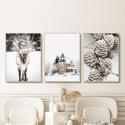 champracer 3er Poster Set, Poster Bilder, Kiefernzapfen, Elch, Schloss Schnee Szene Wohnzimmer Tannenzapfen Deko, Moderne Schlafzimmer Wandbilder Bilder, Ohne Rahmen (21x30 cm,Elch)