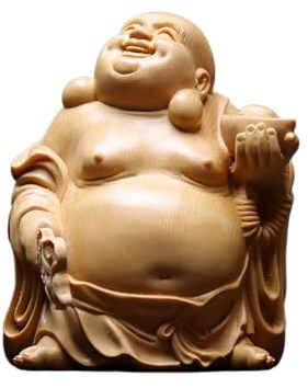 Statua di Buddha che ride in legno di cipresso intagliato a mano, grande statuetta Maitreya con ventaglio per la casa, decorazione del tempio