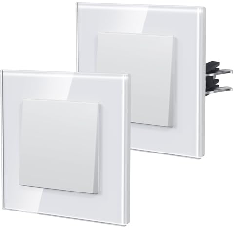 BSEED Lichtschalter Unterputz aus Glas,Normaler-Taste Schalter,Wechselschalter mit Krallen,Einfach Montage,10 Amp 250 V,NEU E-Serie,1 Fach 1 Weg - 2Pack,86mm Weiß