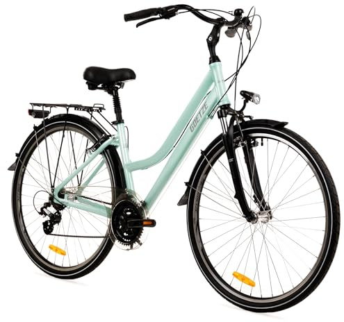 Goetze Picnic 28 Zoll Damen Trekkingrad, Aluminium Rahmen 17/19 Zoll, Shimano 21-Gang Schaltung, Federgabel, Verstellbarer Vorbau, Gefederte Sattelstütze, LED-Beleuchtung, Gepäckträger