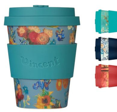 Ecoffee Cup 12oz 350ml Van Gogh Collection Reusable Eco-Friendly 100% Plant Based Coffee Cup with Silicone Lid & Sleeve - Melamine Free Dishwasher/Microwave Safe Travel Mug (Flowers)