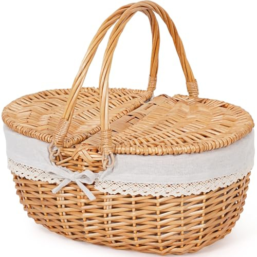 HEALSTOK Wicker Picknick-Korb mit Griff, 15 große leere Picknick-Korb mit Deckel & abnehmbare Liner, Vintage Hand geflochtenen Korb für Picknicks, Camping, Gemüse pflücken (Fest, 15incn/40cm)