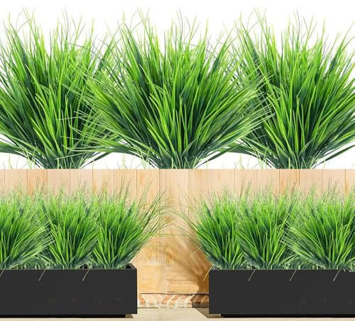 15 Bündel Kunstblumen für draußen künstliche Pflanzen Gras UV-beständige Kunststoff gefälschte Büsche Sträucher Grünblumen Arrangement ideale Dekoration für Garten Balkon Terrasse kunstefeu gräser