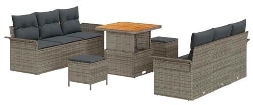 vidaXL 9 Delar Trädgårdsoff Set Grå Poly Rattan Med Kuddar Väderbeständiga Möbler För Utomhus Avkoppling Och Underhållning... Balkong Patio Modulär Sittande Bekväm