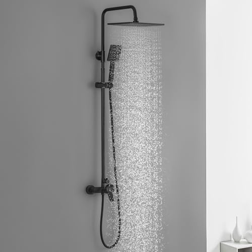 DERW Black Shower Mixer Set - 10 Square Rainfall Head & Handheld Shower, Solid Brass Valve, Ceramic Cartridge, 124cm Shower Riser Rail, 1.5m Anti-Tangle Hose, Fit for UK Bathrooms