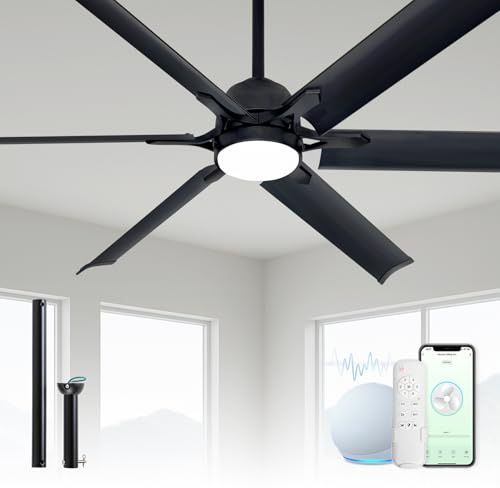 ECOiTEL 60 Inch Aluminum Smart Ceiling Fan with Alexa APP,Large Black Ceiling Fan with Remote,3CCT,6 Speed,Quiet DC Motor Metal Outdoor Indoor Fan for Patio,Living Room,Bedroom