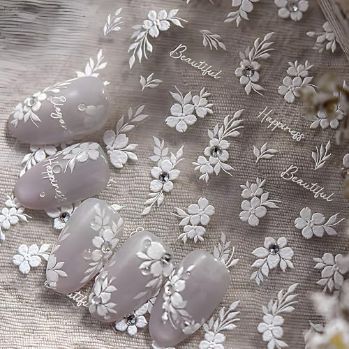 Vintage Weiß Blume Nagelsticker Selbstklebend Relief Kristall Spitze Blumen Nail Sticker 5D Geprägt Flower Nagel Stickers Strass Blütenblatt Leaves Floral Nail Stickers Nageldesign Zubehör Nailart