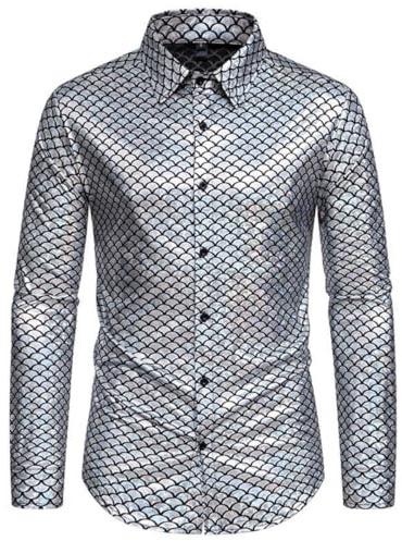 Men's Shiny Fish Scale Shirt, Long Sleeve Metallic Button Down Disco Rock Party Shirts, Sparkly Lapel Collar Bronzing Print T-Shirt, Slim Fit Casual Muscle Tops for Dance Nightclub Stage Performance