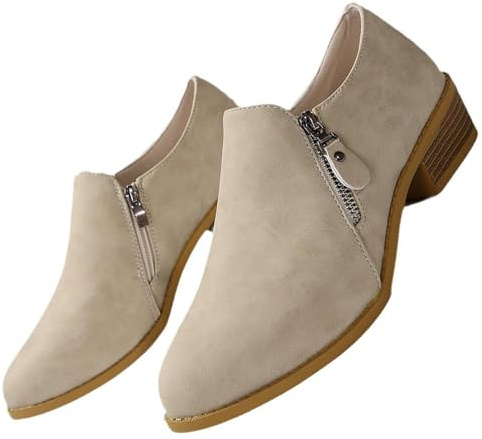 GHTRHSB Botines ortopédicos con cremallera para mujer, estilo retro, de piel, puntiaguda, tacón bajo, plataforma cómoda, holgada, beige, 38 EU