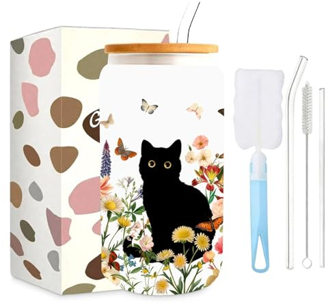 Leseogye Schwarz Katze Trinkbecher mit Deckel und Strohhalm, Kaffeetasse, Süße Glas Kaffeegläser mit Strohhalmbürste Becherbürste, Geschenke für Katze Liebhaber 16oz (Transparent)