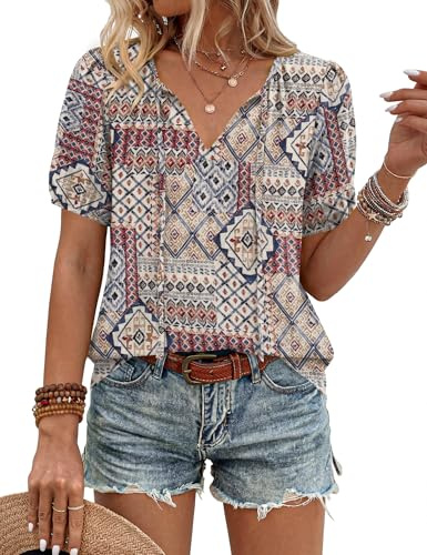 Rapbin Womens Tops Summer Short Sleeve Boho V-Neck Flowy Dressy Tunic