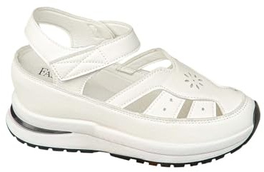 Trekkingsandaler damer läder fotbädd, sandaletter kilklack platå höga strandsandaler med hål, kilsandaler spänne strandsandaler bekväma strandskor läderutseende semestersandaler, Vit, 39 EU