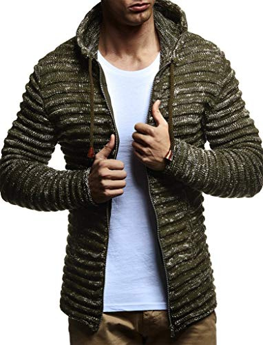 Leif Nelson Giacca Uomo in Maglia con Cappuccio Cardigan LN-20724 Cachi Small