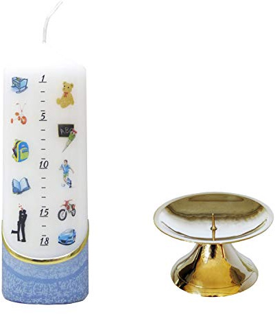Meissner-Handel Auswahl * netSells® * Geburtskerze/Geburtstagskerze/Lebenslicht * blau * 6 x 18 cm * inkl. Kerzenständer aus Messing * farbig getaucht * (Motiv #01-) * Auswahl Motiv + Farbe