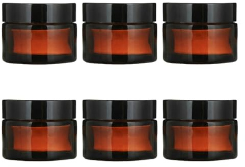 VASANA Lot de 6 pots à cosmétiques en verre ambré avec doublure intérieure blanche et couvercles noirs - Conteneur parfait pour lotions et crèmes pour le visage, lotion