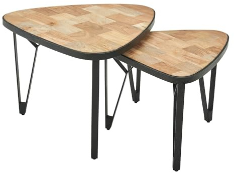 FineBuy Couchtisch 2er Set 60x60x45 cm Massivholz Dreieckig, Satztisch | dreieckige Sofatische Industrial mit Metallbeinen, Wohnzimmertische aus Echtholz, handgefertigt