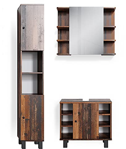 Vicco Badmöbel-Set Fynn, Eiche rustikal, 60 cm | besteht aus Waschbeckenunterschrank, Spiegelschrank und Hochschrank