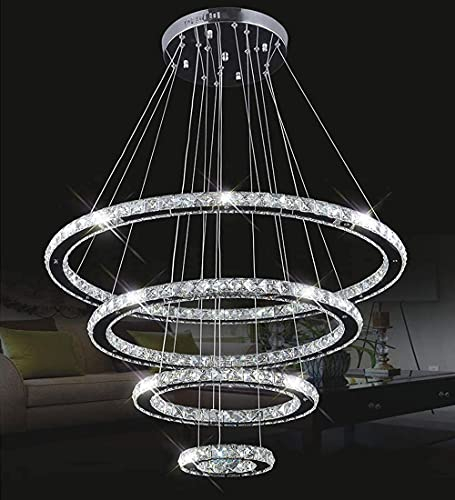 Kronleuchter Pendelleuchte Dimmbar Kristall Wohnzimmer Lampe, Esstischlampe, Modern LED Beleuchtung Esszimmer Leuchte, 20+40+60+80cm, Hängelampe mit Fernbedienung, Rund Ring Kristall Lüster, 4-flammig