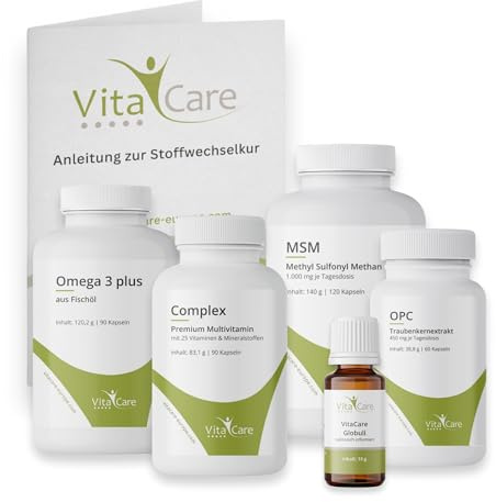 VitaCare 21-Tage Stoffwechsel-Kur Paket, 6-teiliges Komplettset, enthält MSM, Multivitamin Complex, Omega 3 plus, OPC Traubenkern & Globuli
