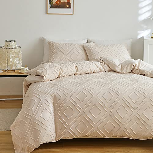 GETIYA Beige Kariert Bettwäsche 220x240 Mikrofaser Bettwäsche Getuftet Geometrische Bettbezug Karo Muster Unifarben Deckenbezug für Doppelbett mit Reißverschluss und 2 Kissenbezug 80x80