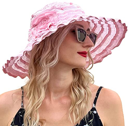 VECRY Damen Jahrgang Strand Sonnenhut Reisen Faltbar Breite Krempe Sommer UV Hüte (Rosa,M)