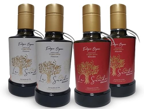 Pack 4 Botellas Aceite de Oliva Virgen Extra Ecológico (1L) - 2 Premium Y 2 Selección Centenaria | AOVE Coupage Cornicabra y Picual, Extracción al Frío | Pack Aceite Gourmet Ideal para Regalo