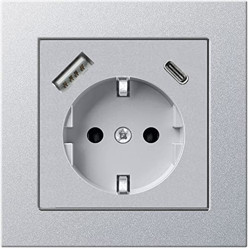 230 V Steckdose mit 1 x USB-A & 1 x USB-C, max. 3.400 mA, Schuko Wandsteckdose Unterputz, passend für Gira System 55 E2, Silber (Alu)
