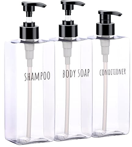 Segbeauty Clear Square Shampoo Bottles, 3pcs 16.9oz Refillable Plastic Lotion Dispenser with Pump, 500ml Empty Reusable Bathroom Shower Bottle Dispense Shampoo Conditioner Body Soap Liquid Gel