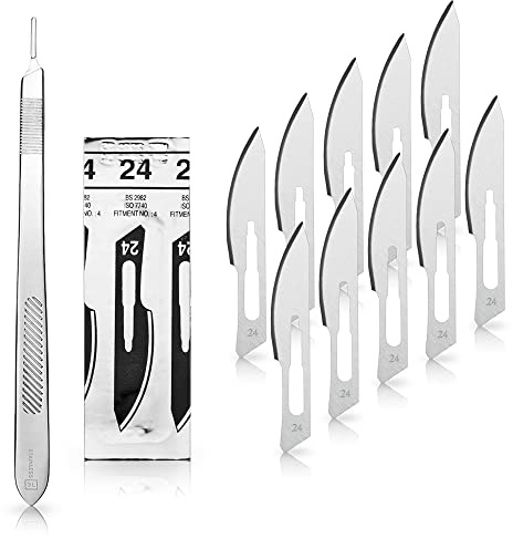 May 10x Skalpellklingen Fig. 24 & Langer Halter 21cm | 10 sterile Skalpellklingen (Figur 24) inkl. 21 cm langem Edelstahl-Halter. Qualität von May
