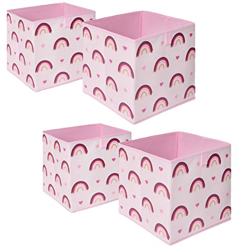 OHS Pack of 4 Rainbow Print Kids Storage Toys Games Box Clothing Space Saving Foldable Organiser Cube, Blush Pink