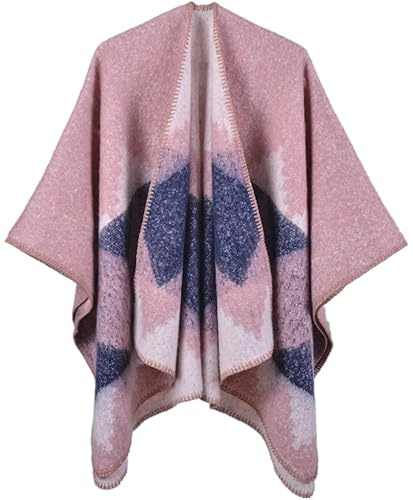 Miaikvs Poncho reversible de gran tamaño para mujer, cálido frente abierto, chal, bufanda, cárdigan para otoño e invierno, Ondulado rosa, talla única