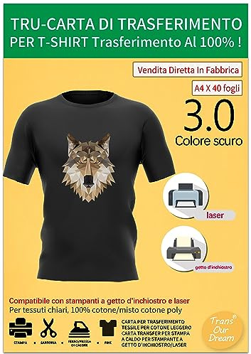 TransOurDream Carta per trasferimento in Tessuto per Cotone Leggero, stampanti a Getto d'inchiostro e Laser, Carta per trasferimento in Tessuto, Fogli A4X40, Colore: Scuro（I-D-3.0-40）