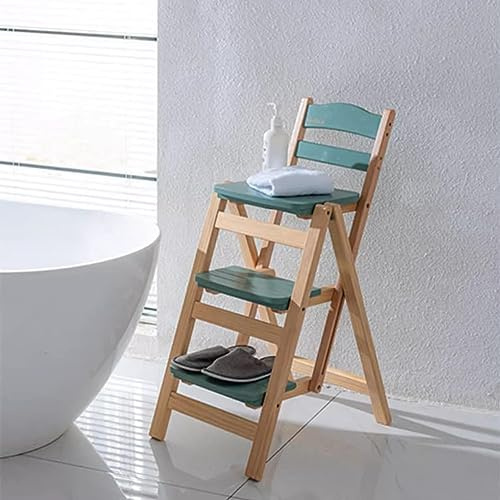 CDDUOLA Folding Bar Stool, 3 Step Multifunction Portable Adults Solid Wood Ladder Stool for Household Kitchen, Bathroom Storage Shelf, Green