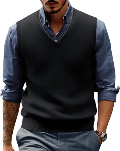 Men's Jumpers Sleeveless Knitted Vest Wool Blend Gilets Sweater V Neck Jumper Black XL