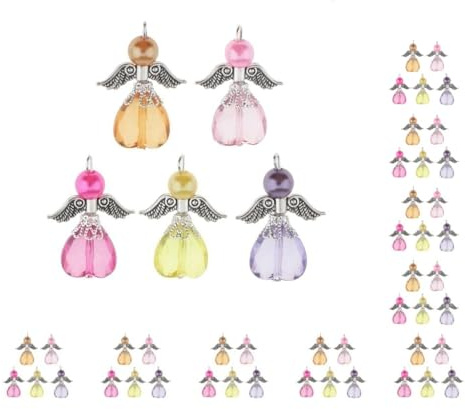 Paowsietiviity 5 Stück gemischte Engelsflügel Charms Anhänger facettierte Acryl Herz Perlen, 33 mm x 15mm, Kunststoff