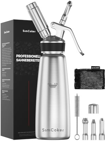 SimCoker Sahnespender,Edelstahl Sahnesiphon 500ml,inklusive Ersatzteile 3 Spritztüllen und 1 Reinigungbürste, Schlagsahnebereiter,Deutsche Anweisungen