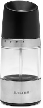 Salter BW12946EU7 Seasoning Grinder – Adjustable Grind from Fine to Coarse, Ceramic Mechanism, Clear Acrylic Body, Upside-Down Design, No Spill, Salt & Pepper Mills, Stainless Steel, Black